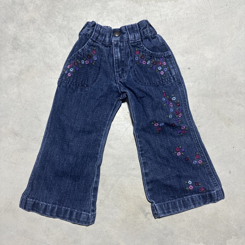 Vintage Oshkosh Toddler Girls Jean Flare Embroidered Flower Pants SZ 2T
